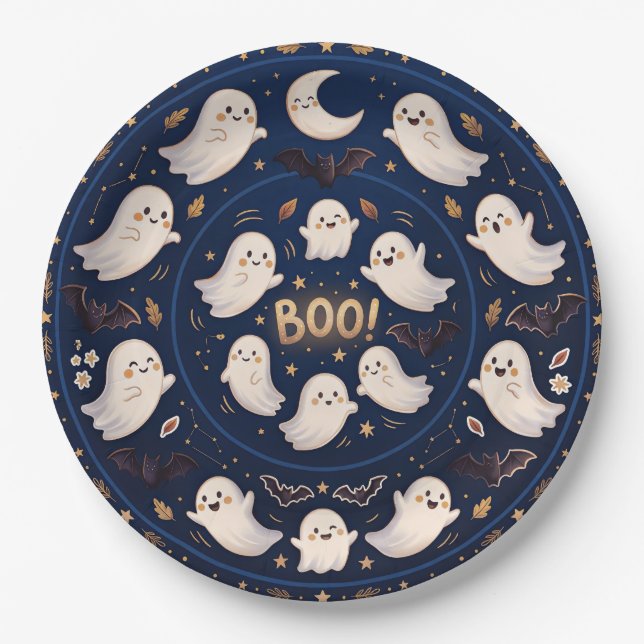 Midnight Whimsy Celestial Ghost Mandala Boo Paper Plates (Front)