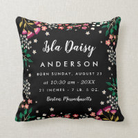 Midnight Wildflowers - Birth Stats Nursery Throw Pillow