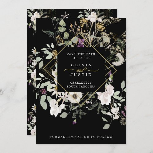 Midnight Wildflowers  Black Geometric Save The Date