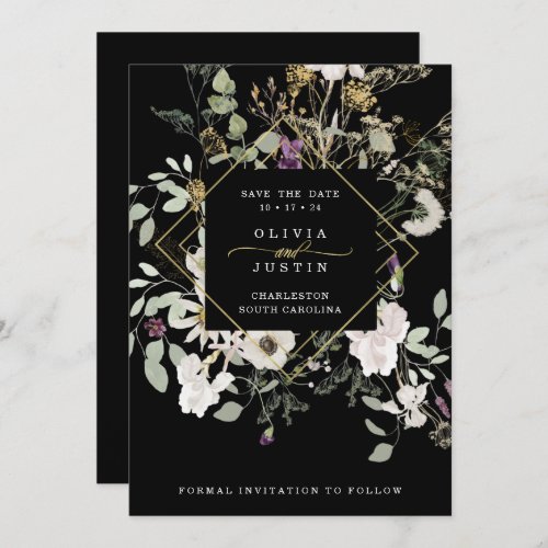 Midnight Wildflowers  Black Geometric Solid Back Save The Date