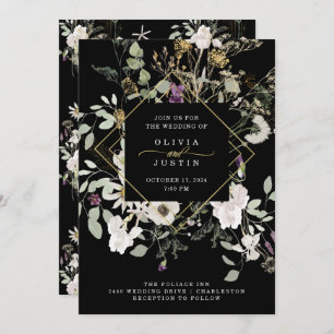 Midnight Wildflowers Black Geometric Wedding Invitation