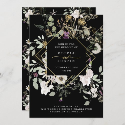 Midnight Wildflowers  Black Geometric Wedding Invitation