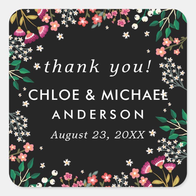 Midnight Wildflowers - Boho Wedding - Thank You Square Sticker (Front)