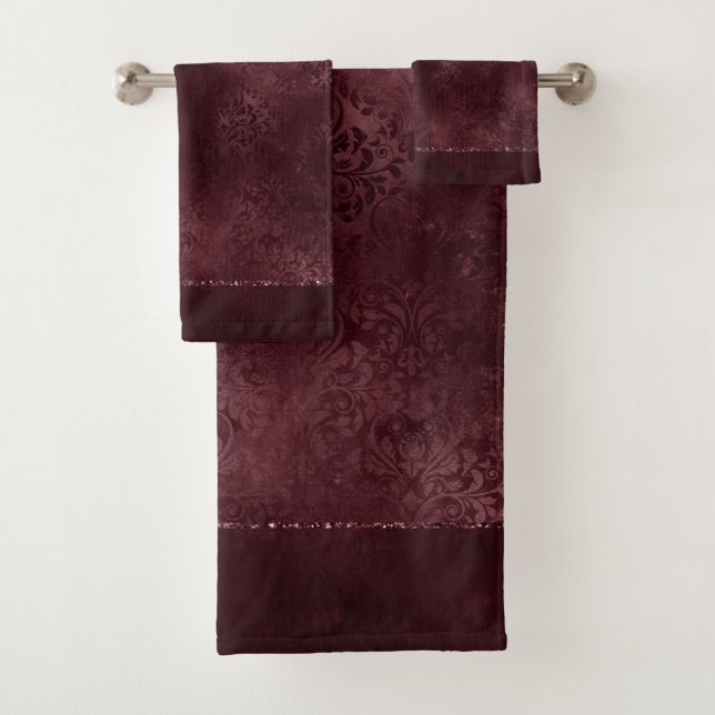 Midnight Wine Romance | Dark Satiny Grunge Damask Bath Towel Set (Insitu)