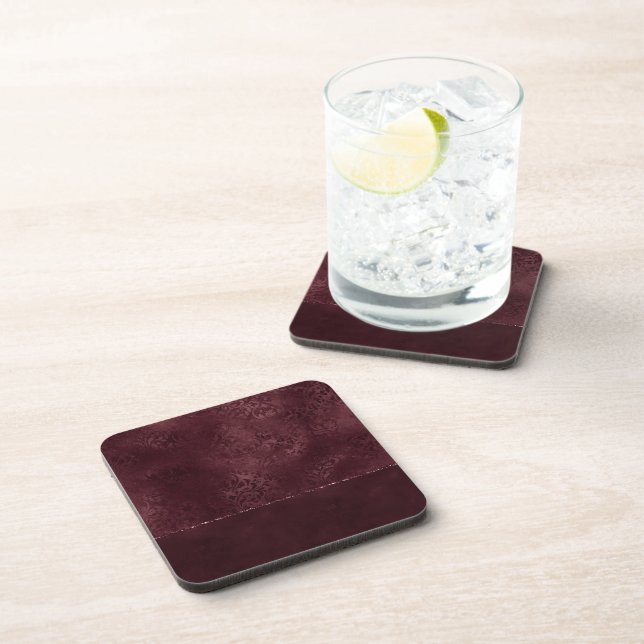 Midnight Wine Romance | Dark Satiny Grunge Damask Beverage Coaster (Right Side)