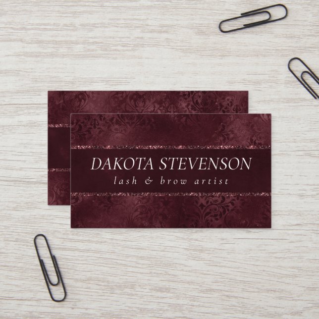 Midnight Wine Romance | Dark Satiny Grunge Damask Business Card (Front/Back In Situ)