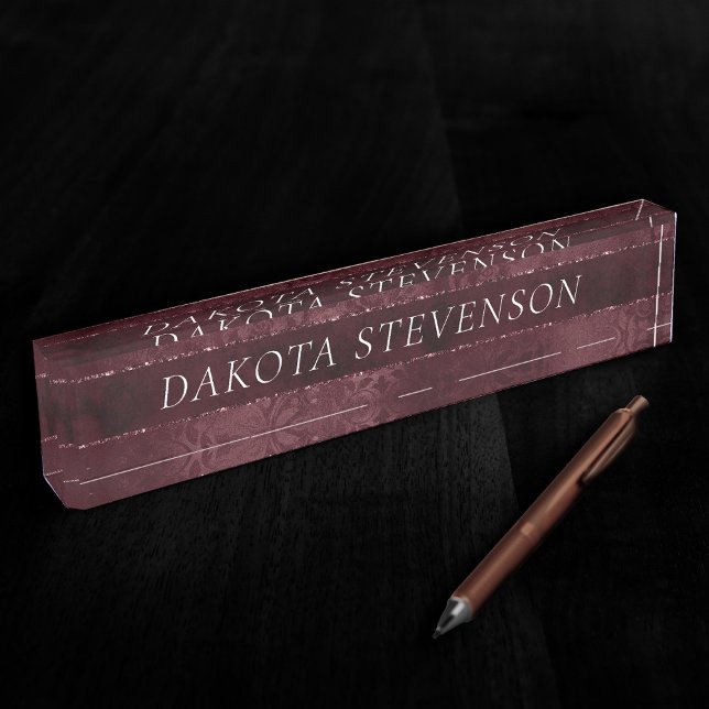 Midnight Wine Romance | Dark Satiny Grunge Damask Desk Name Plate (Creator Uploaded)