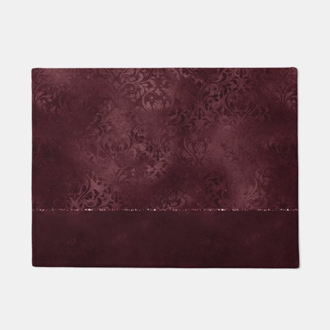 Midnight Wine Romance | Dark Satiny Grunge Damask Doormat (Front)