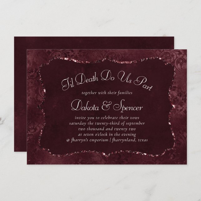 Midnight Wine Romance | Dark Satiny Grunge Damask Invitation (Front/Back)