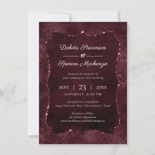 Midnight Wine Romance  Dark Satiny Grunge Damask Invitation