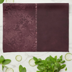 Midnight Wine Romance Dark Satiny Grunge Damask Kitchen Towel
