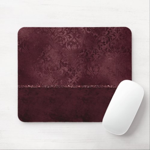 Midnight Wine Romance  Dark Satiny Grunge Damask Mouse Pad