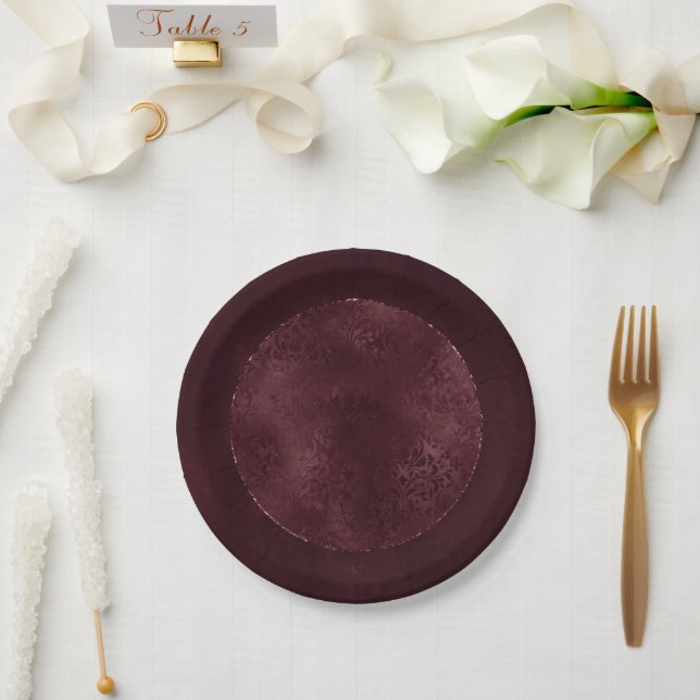 Midnight Wine Romance | Dark Satiny Grunge Damask Paper Plates (Wedding)
