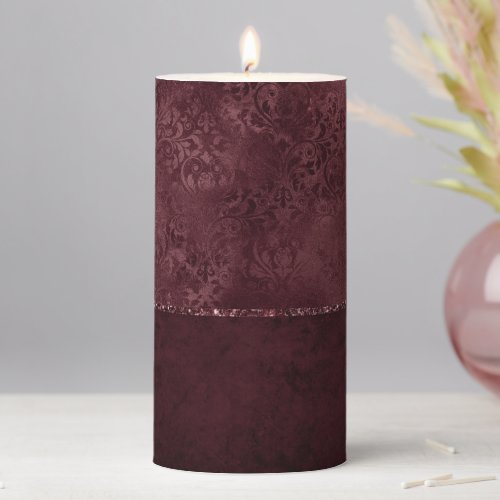 Midnight Wine Romance  Dark Satiny Grunge Damask Pillar Candle