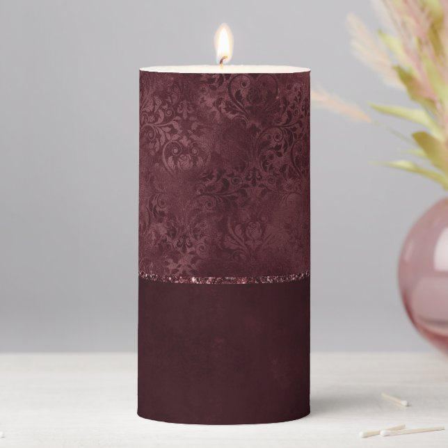 Midnight Wine Romance | Dark Satiny Grunge Damask Pillar Candle (In Situ)