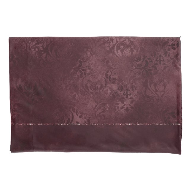Midnight Wine Romance | Dark Satiny Grunge Damask Pillow Case (Front)