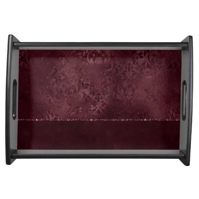 Midnight Wine Romance | Dark Satiny Grunge Damask Serving Tray (Front)