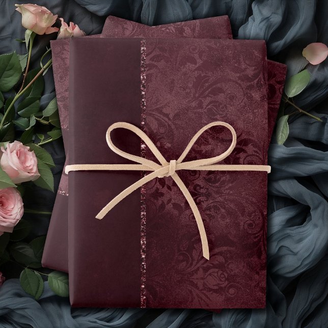 Midnight Wine Romance | Dark Satiny Grunge Damask Wrapping Paper Sheets (Creator Uploaded)