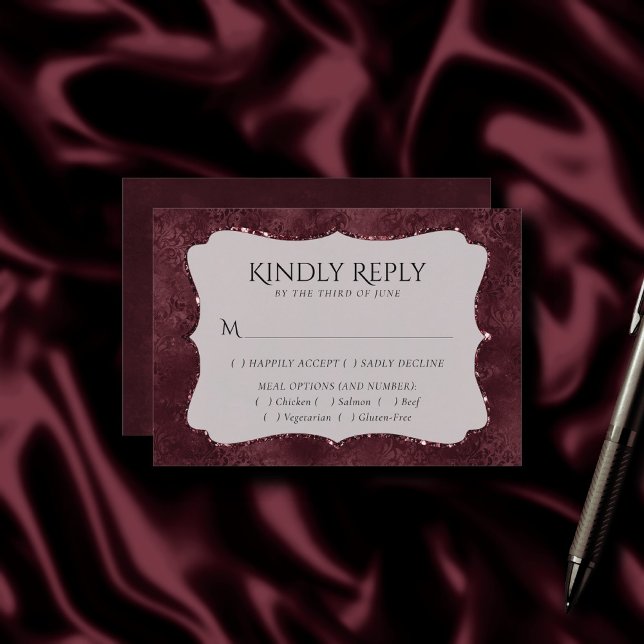 Midnight Wine Romance | Satiny Grunge Damask Meal RSVP Card (Creator Uploaded)
