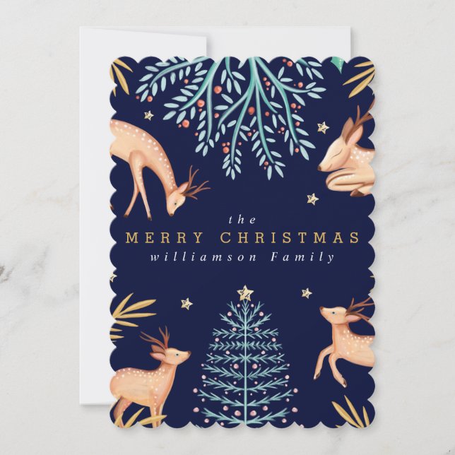 Midnight Woodland Forest Reindeer & Christmas Tree Holiday Card (Front)