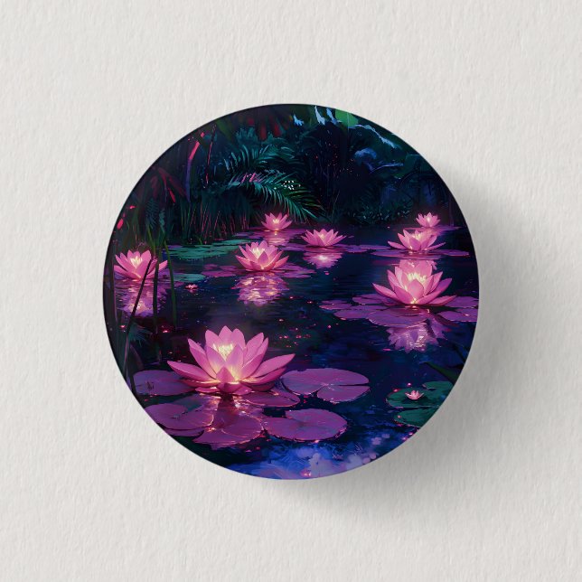 Midnight Zen Nature Pink Lotus Pond Button (Front)