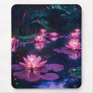Midnight Zen Nature Pink Lotus Pond Mouse Pad