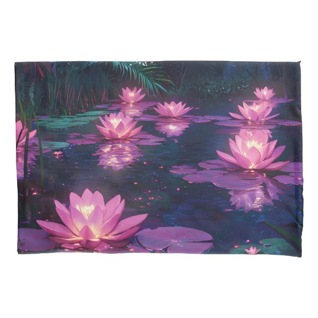 Midnight Zen Nature Pink Lotus Pond Pillow Case (Front)