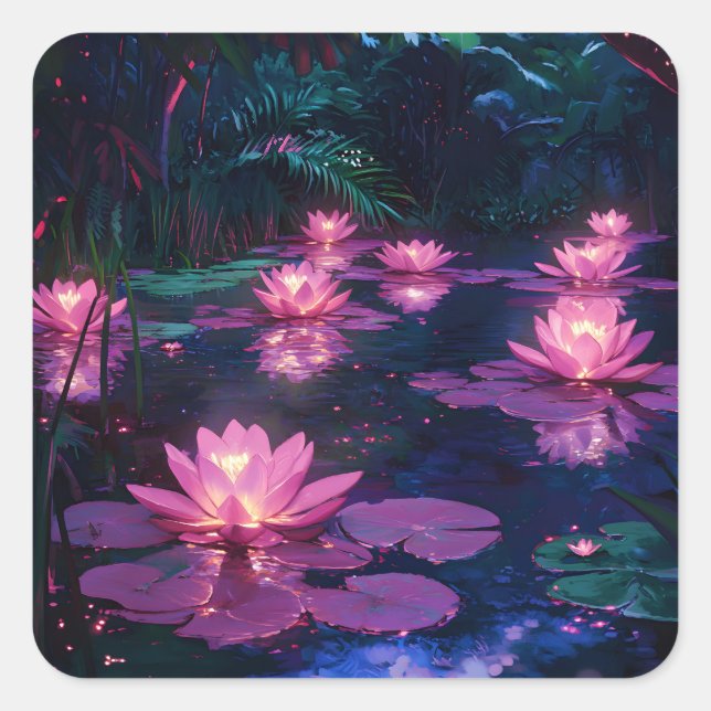 Midnight Zen Nature Pink Lotus Pond Square Sticker (Front)