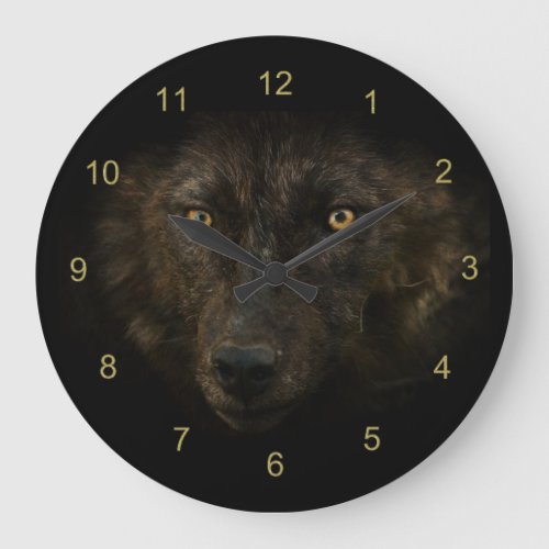 Midnights Gaze _ Black Wolf Wild Animal Wildlife Large Clock