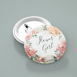 Midsummer Floral Flower Girl Pinback Button<br><div class="desc">Identify the key players at your bridal shower with our elegant,  sweetly chic floral buttons. Button features a watercolor floral wreath of peachy pink peonies,  white hydrangea flowers and botanical greenery with "flower girl" inscribed inside in hand lettered script.</div>