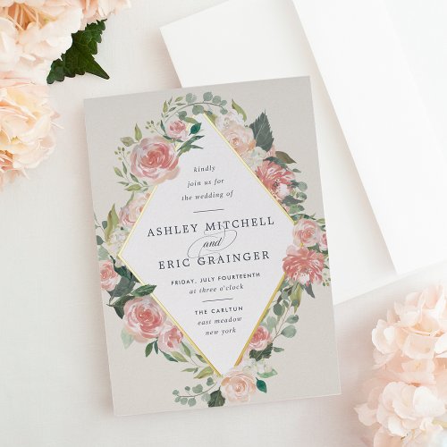 Midsummer Floral  Geometric Frame Wedding Foil Invitation