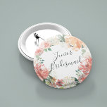 Midsummer Floral Junior Bridesmaid Pinback Button<br><div class="desc">Identify the key players at your bridal shower with our elegant,  sweetly chic floral buttons. Button features a watercolor floral wreath of peachy pink peonies,  white hydrangea flowers and botanical greenery with "junior bridesmaid" inscribed inside in hand lettered script.</div>