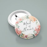 Midsummer Floral Maid of Honor Pinback Button<br><div class="desc">Identify the key players at your bridal shower with our elegant,  sweetly chic floral buttons. Button features a watercolor floral wreath of peachy pink peonies,  white hydrangea flowers and botanical greenery with "maid of honor" inscribed inside in hand lettered script.</div>