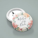 Midsummer Floral Mother of the Bride Button<br><div class="desc">Identify the key players at your bridal shower with our elegant,  sweetly chic floral buttons. Button features a watercolor floral wreath of peachy pink peonies,  white hydrangea flowers and botanical greenery with "mother of the bride" inscribed inside in hand lettered script.</div>