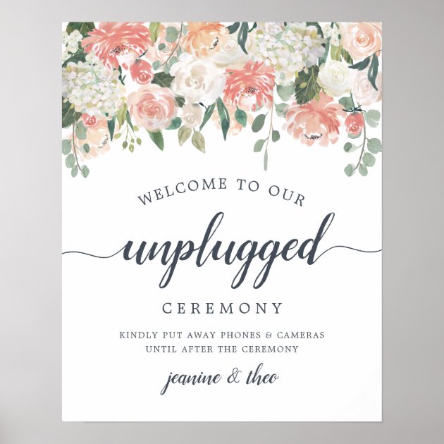 Pink No Phone Camera Unplugged Personalised Wedding Sign Poster 
