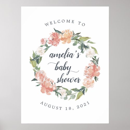 Midsummer Floral Wreath Baby Shower Welcome Poster