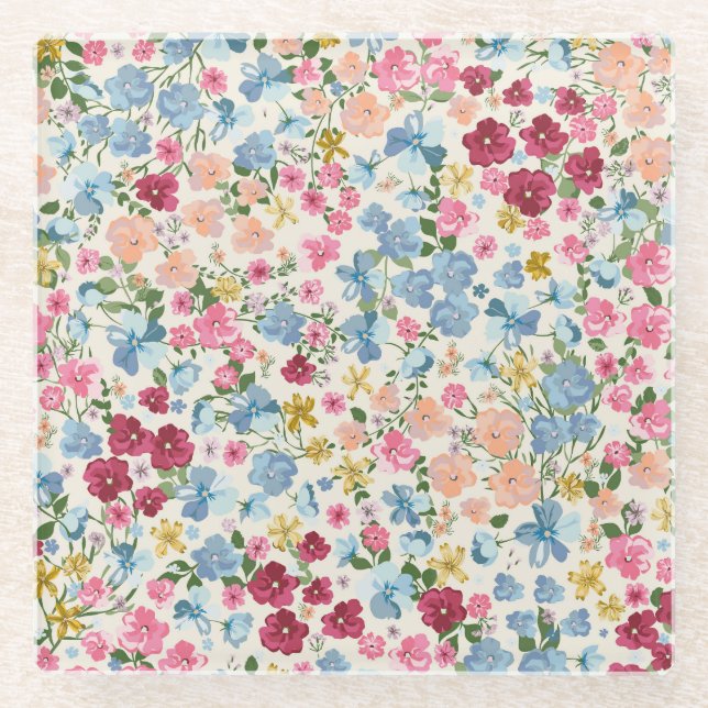 Midsummer meadow, blooming plant pattern. glass coaster (Front)