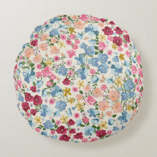 Midsummer meadow, blooming plant pattern. round pillow