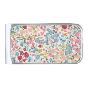 Midsummer meadow, blooming plant pattern. silver finish money clip