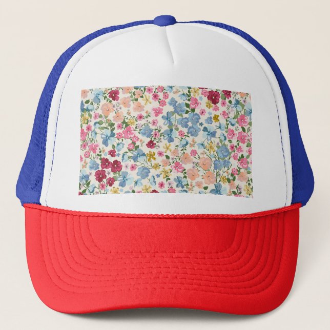 Midsummer meadow, blooming plant pattern. trucker hat (Front)
