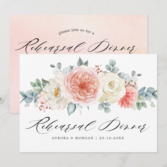 Midsummer Peach Pastel Floral Rehearsal Dinner Invitation (Front/Back)