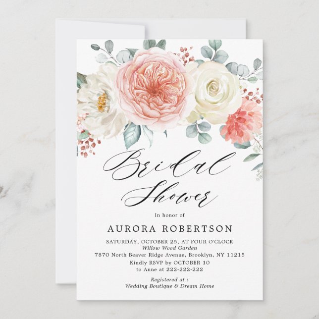 Midsummer Peach Pastel Pink Floral Bridal Shower Invitation (Front)