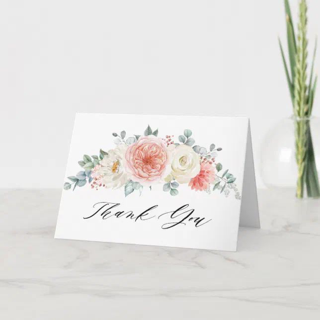 Midsummer Peach Pastel Pink Floral Bridal Shower Thank You Card | Zazzle