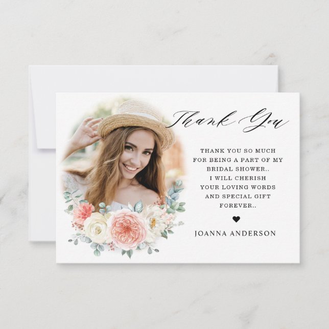 Midsummer Peach Pastel Pink Floral Bridal Shower Thank You Card (Front)