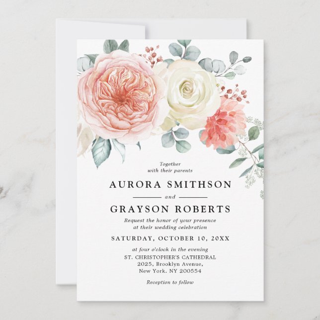 Midsummer Peach Pastel Pink Floral Wedding Invitation (Front)
