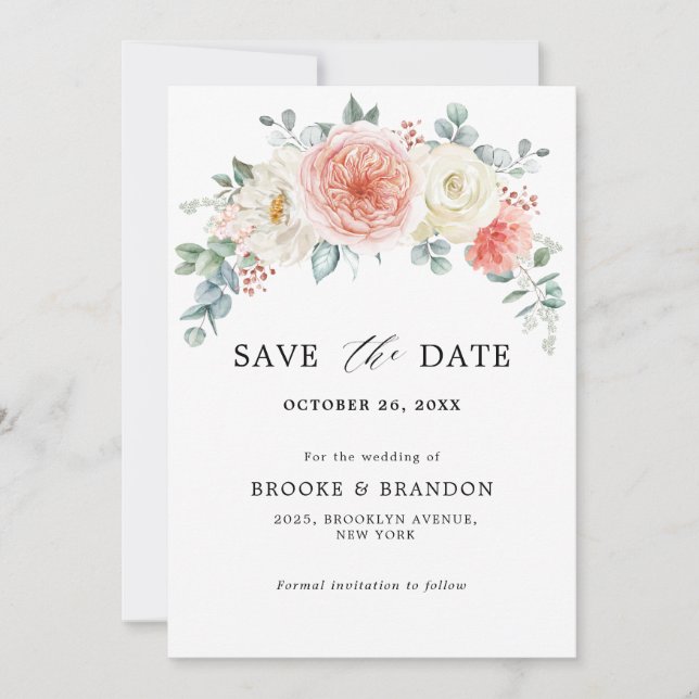 Midsummer Peach Pastel Pink Floral Wedding Save The Date (Front)