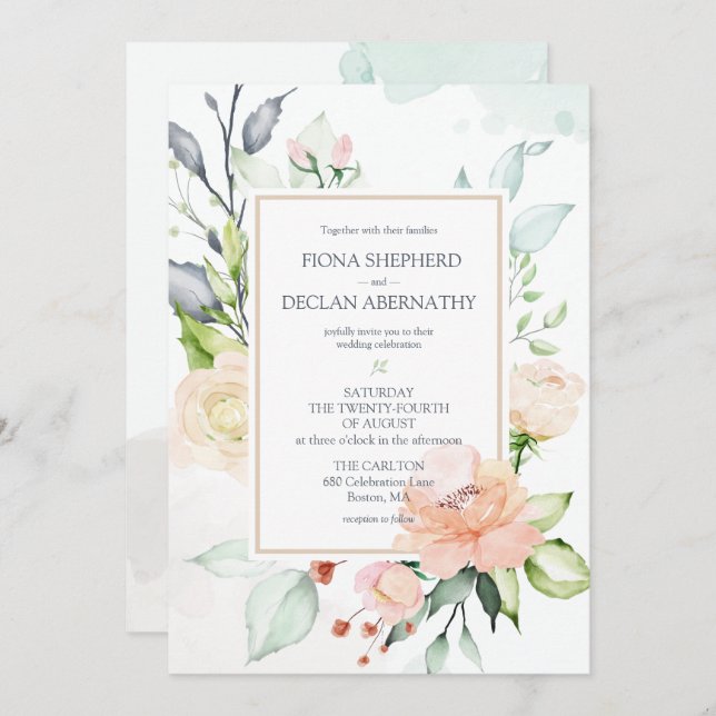 Midsummer Romantic Watercolor Florals Wedding Invitation (Front/Back)