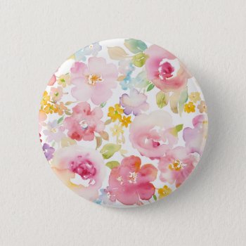 Midsummer | Watercolor Pink Floral Button by wildapple at Zazzle