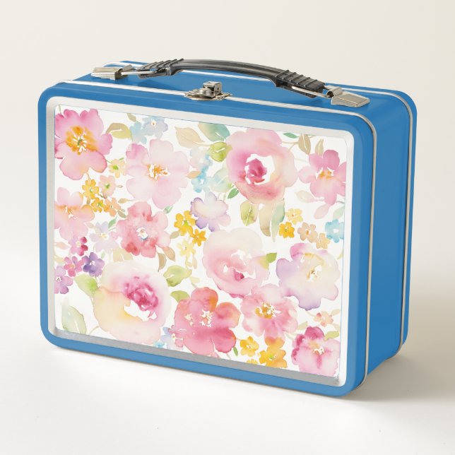 Midsummer | Watercolor Pink Floral Metal Lunch Box (Front)