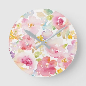 Midsummer | Watercolor Pink Floral Round Clock by wildapple at Zazzle